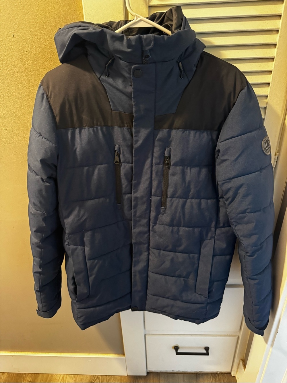Men's Blue Puffer Jacket with Black Yoke and Hood